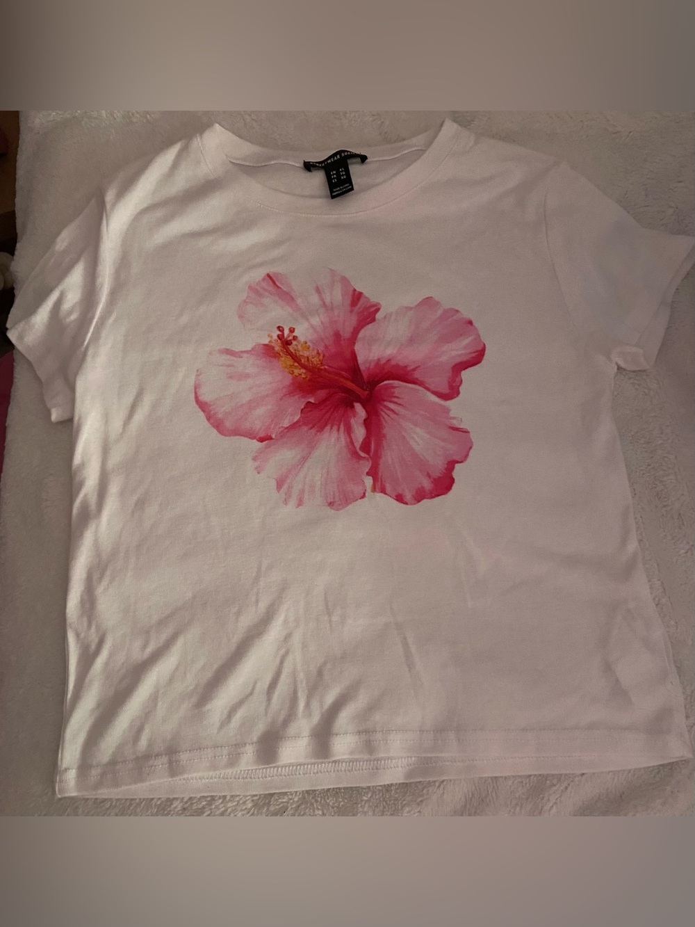 White T-Shirt with Pink Hibiscus Flower